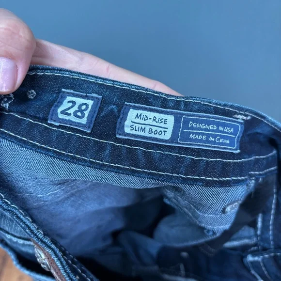 Miss Me Rhinestone Embellished Wing Jeans Slim Boot Cut in Dark Wash 28 - Picture 9 of 11